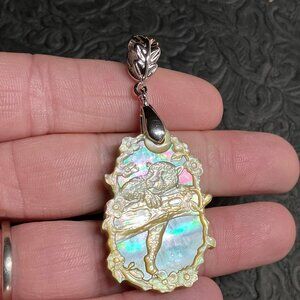 Leopard in a Tree Carved Mother of Pearl Green Jade Pendant